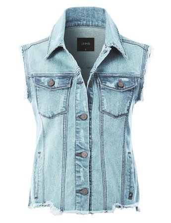 LE3NO Womens Basic Distressed Frayed Sleeveless Button Up Denim Vest with Welt Pockets | LE3NO blue