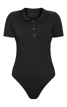 Black Rib Polo Bodysuit | Tops | PrettyLittleThing