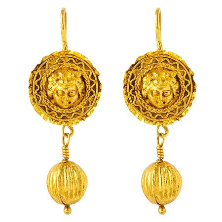 Handcrafted 24K Gold Genuine Antique Medusa Mask Dangling Ball Earrings For Sale at 1stDibs