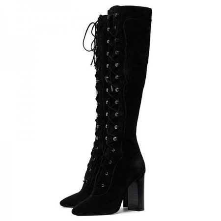 Black Suede Lace Up Boots Chunky Heel Knee High Boots