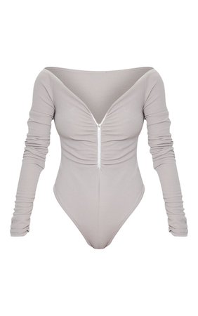 Grey Bardot Zip Ruched Sleeve Bodysuit | Tops | PrettyLittleThing