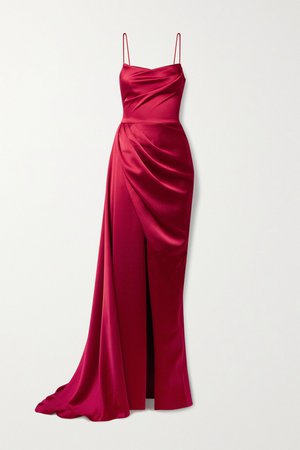 Burgundy Asymmetric draped duchesse-satin gown | RASARIO | NET-A-PORTER