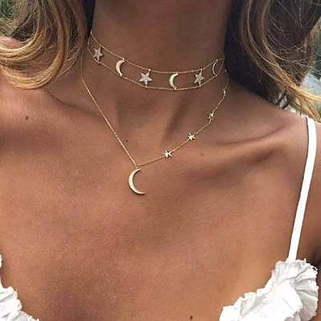 Haloty Boho Layered Moon Choker Necklace Gold Star Pendant Necklaces Chain Jewelry for Women and Girls: Clothing
