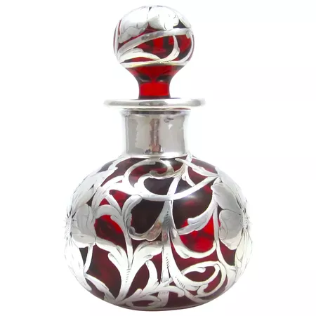 Large Art Nouveau Cranberry Glass Sterling Silver Overlay Perfume : Grand Tour Antiques | Ruby Lane