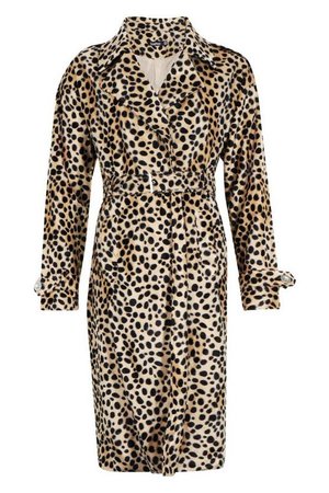 Faux Fur Leopard Trench Coat | Boohoo tan