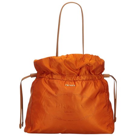 Vintage Authentic Prada Orange Light Drawstring Shopper Tote Bag Italy LARGE For Sale at 1stdibs