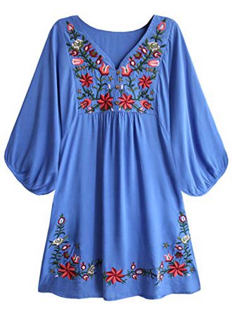 Futurino Women's Bohemian Embroidery Floral Tunic Shift Blouse Flowy Mini Dress, Mustard Star Flower, Large at Amazon Women’s Clothing store: