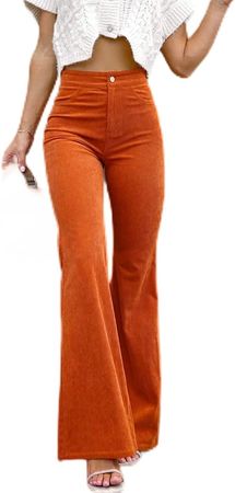 WROLEM Stretch Corduroy Pants for Women Casual High Waisted Flare Leg Pants Comfy Trousers with Pockets Orange at Amazon Women’s Clothing store