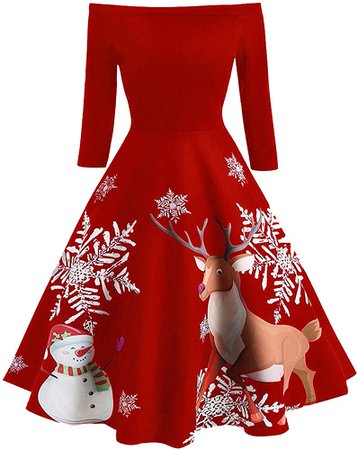 Vintage Print Dress Women's Long Sleeve Christmas Evening Party Swing Dress at Amazon Women’s Clothing store