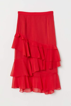 Calf-length Ruffled Skirt - Red