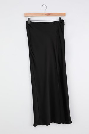 Black Midi Skirt - Satin Midi Skirt - Chic Satin Skirt