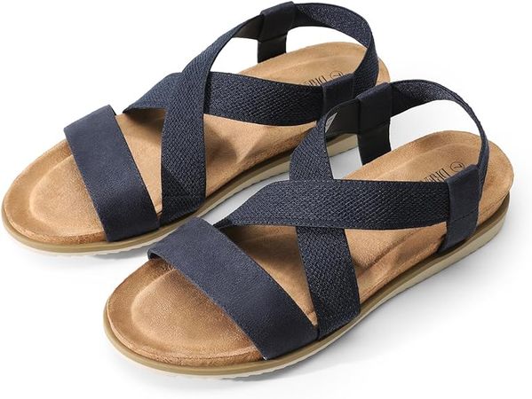 Amazon.com | DREAM PAIRS Women's Comfortable Low Wedge Sandals, Open Toe Slip On Strappy Flat Sandals with Elastic Ankle Strap Navy-suede, SDPW2414W, Size 5.5 | Flats