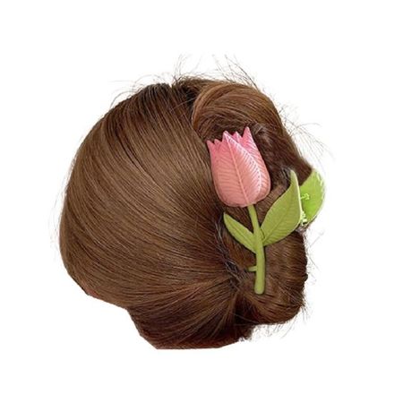 brown hair bun updo pink tulip flower claw clip