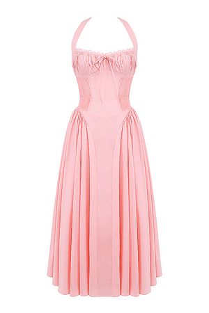 Clothing : Midi Dresses : 'Adabella' Rose Pink Cotton Halter Midi Sundress