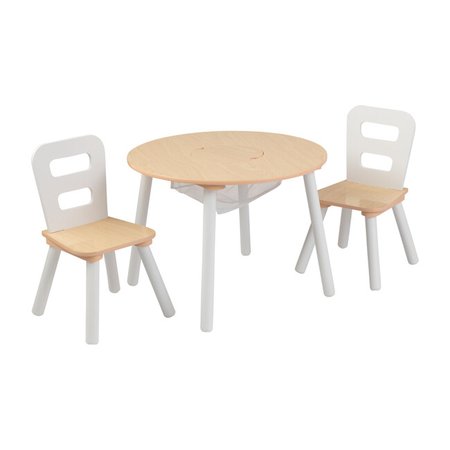 Round Storage Table and 2 Chair Set, Natural/White - Home Furniture Kids Seating - Maisonette