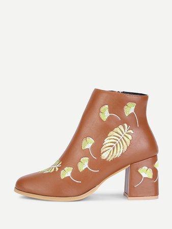 PU Leaf Embroidery Ankle Boots