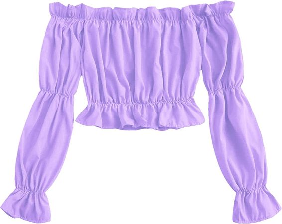 LYANER Women's Off Shoulder Ruffle Trim Puff Long Sleeve Tube Crop Blouse Shirt Top Purple XX-Large at Amazon Women’s Clothing store