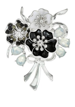 Napier Boxed Silver Tone Black White Flower Bouquet Pin