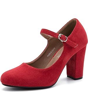 Amazon.com | MAIERNISI JESSI Women's Closed Toe Ankle Strap Block Heel Round Toe Chunky High Heel Mary Jane Pumps Suede Red US 6.5 | Pumps