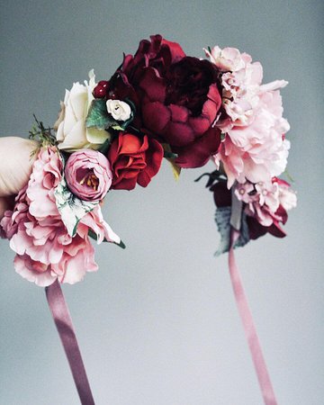 The Burgundy Peony Flower Crown with satin ribbon bridal