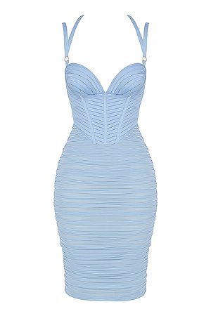 Clothing : Midi Dresses : 'Josephine' Baby Blue Pleated Corset Midi Dress