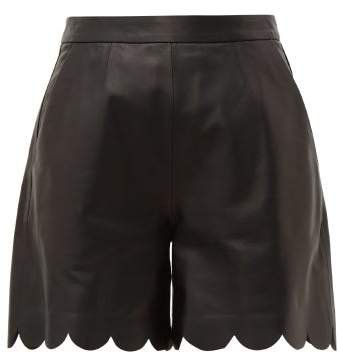 Scalloped Hem Leather Shorts - Womens - Black