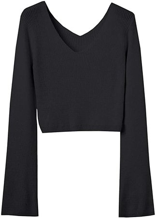 Arjungo Women's Long Bell Sleeve Crop Sweater Top Knitted V Neck Pullover Jumper Top Black at Amazon Women’s Clothing store