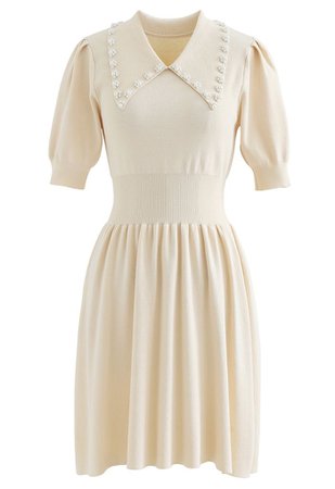 Pearly Collar Puff Sleeves Knit Skater Dress in Cream - Retro, Indie and Unique Fashion