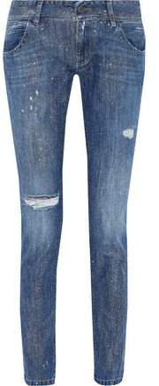 Glittered Distressed Low-rise Skinny Jeans