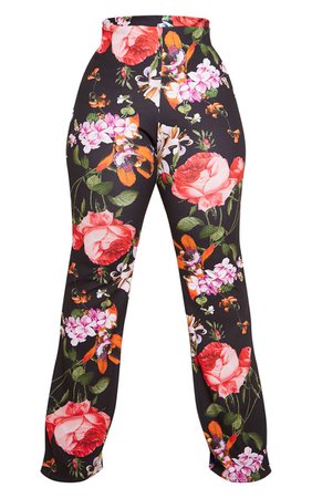 Black Floral Print Flare Leg Trousers | PrettyLittleThing