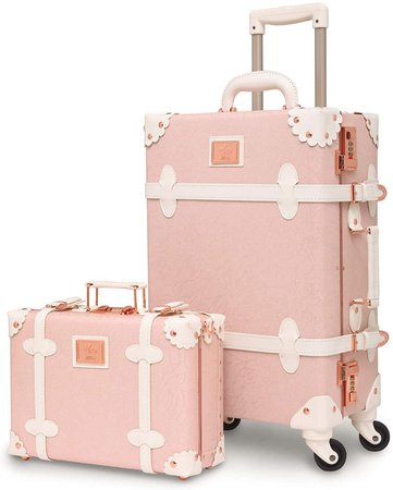 Travel Vintage Luggage Sets Cute Trolley Suitcases Set Lightweight Trunk Retro Style for Women Elegant Pink 20"