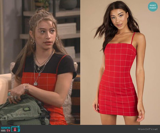 WornOnTV: Shannon’s red windowpane checked mini dress on Fam | Odessa Adlon | Clothes and Wardrobe from TV