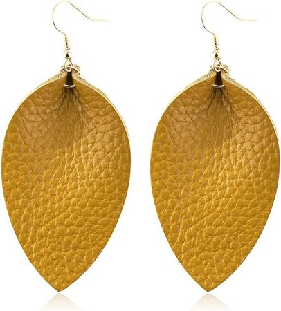 Amazon.com: Bohemian Lightweight Genuine Real Leather Geometric Drop Statement Earrings - Petal Leaf Feather, Teardrop Dangles (Pointy Leaf - Mustard): Clothing, Shoes & Jewelry