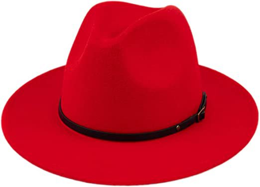 Lanzom Women Lady Retro Wide Brim Floppy Panama Hat Belt Buckle Wool Fedora Hat (Red, One Size) at Amazon Women’s Clothing store