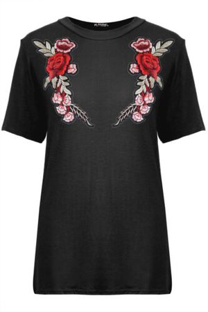 New Womens Ladies Jersey Basic Side Flower Roses Embroidery Stretchy T Shirt Top | eBay