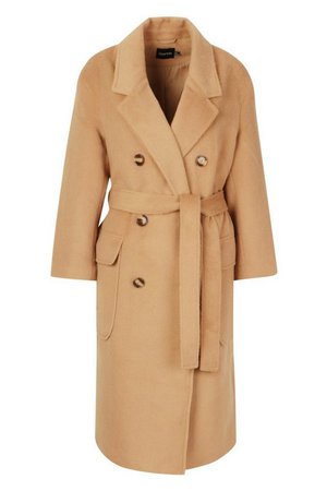 Brushed Double Breasted Belted Wool Look Coat | Boohoo camel