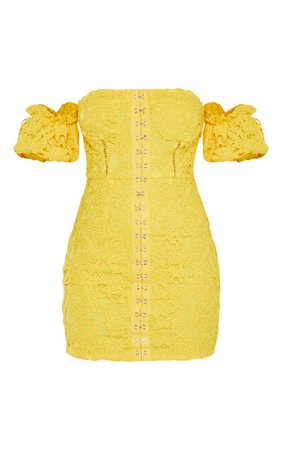 BRIGHT YELLOW EMBROIDERED LACE PUFF SLEEVE HOOK & EYE BODYCON DRESS