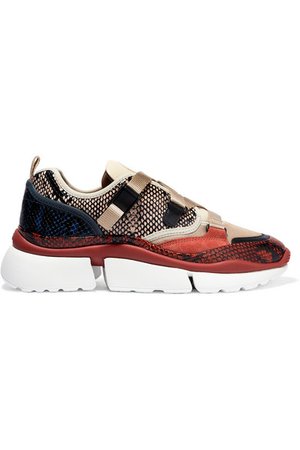 Chloé | Sonnie canvas, mesh, suede and leather sneakers | NET-A-PORTER.COM