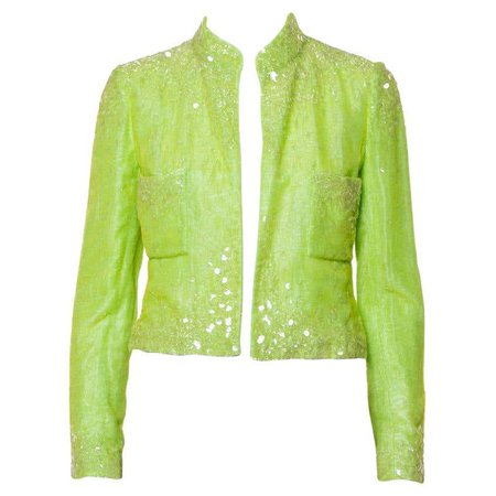 Chanel Boutique Lime Green Sequin Embellished Velvet Open Front Cropped Jacket M
