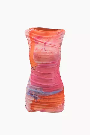 Tie Dye Mesh Ruched Sleeveless Mini Dress – Micas