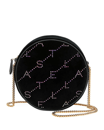 Stella Mccartney Crystal Velvet Round Monogram Crossbody Bag In Black | ModeSens