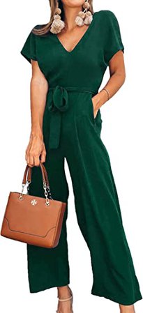 Amazon.com: ECOWISH Women V Neck Short Sleeves Tie Waist Jumpsuits Long Wide Pants Casual Jumpsuit with Pockets : Clothing, Shoes & Jewelry