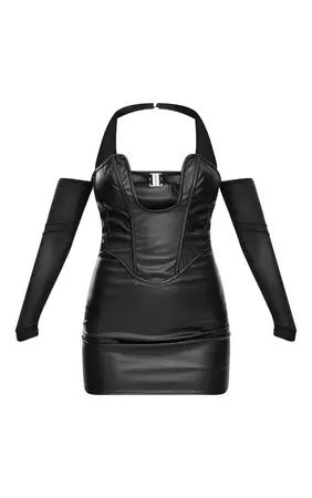 Black Pu Extreme V Bar Mesh Sleeve Bodycon Dress | PrettyLittleThing USA