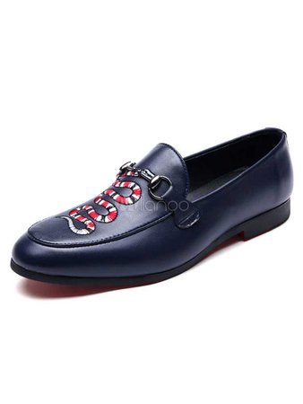 Deep Blue Loafers Men's Pointed Toe Embroidered Slip On Flat Shoes - Milanoo.com