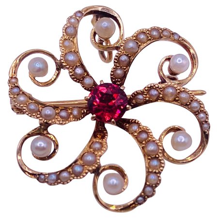 Victorian 14k Yellow Gold Pearl and Spessartite Garnet Brooch Pendant For Sale at 1stDibs