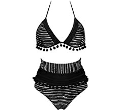 Amazon.com: COCOSHIP Black & White Mesh Striped High Waist Bikini Set Pom Pom Tassel Trim Top Halter Straps Swimsuit Pool Cruise Suit 8: Clothing