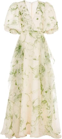 Costarellos Printed Organza Sleeveless Dress With Asymmetrical Overski