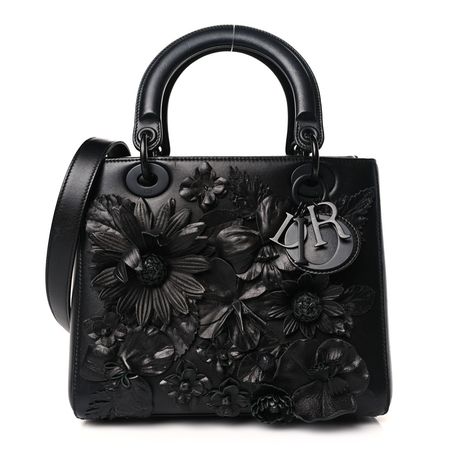 DIOR Ultra Matte Calfskin 3D Flower Embellished Medium Lady Dior Black 1323116 | FASHIONPHILE