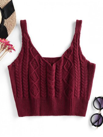 [37% OFF] [HOT] 2020 ZAFUL Cable Braided Knit Crop Sweater Tank Top In RED WINE | ZAFUL
