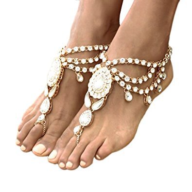 Ingemark 2 PCS Crystal Beach Wedding Foot Jewelry Barefoot Sandals Toe Ring Boho Anklet with Multi Tassel